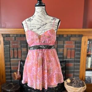 Pink Multicoloured Silk Top with Beaded Tie Belt